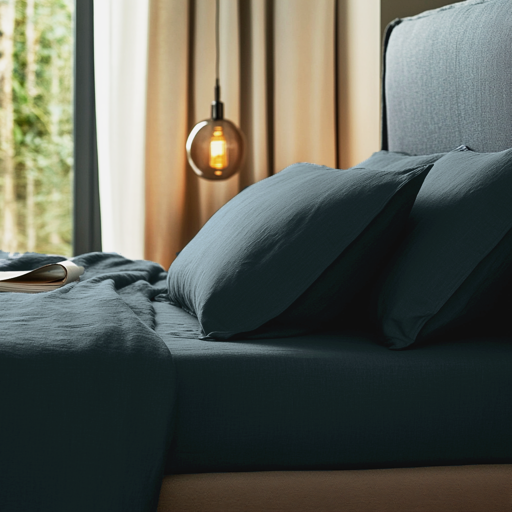 Peacock Blue Washed Linen Deep Pocket Fitted Sheet Set