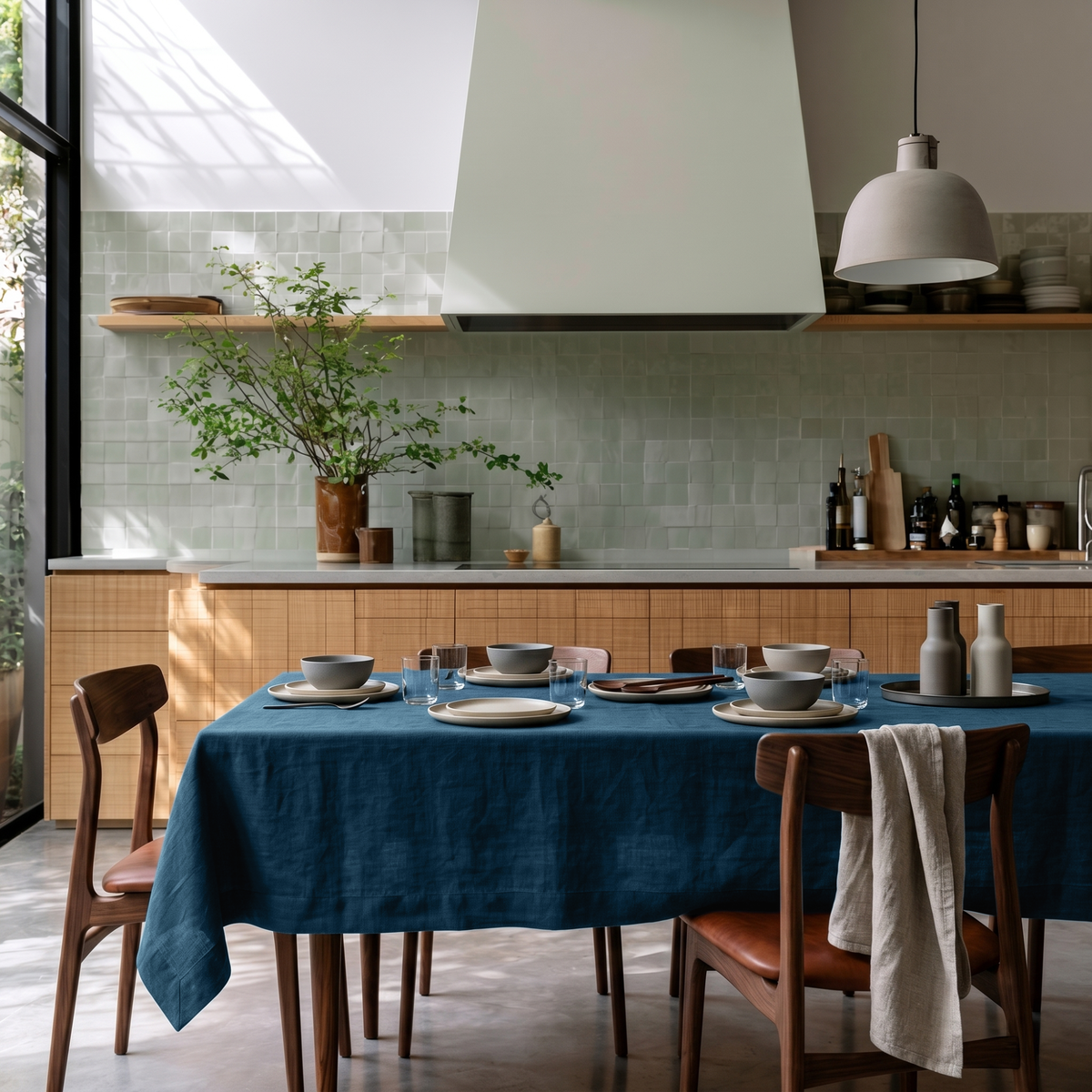 Peacock Blue Rectangular Linen Tablecloth in a Modern Kitchen with Wood Cabinetry