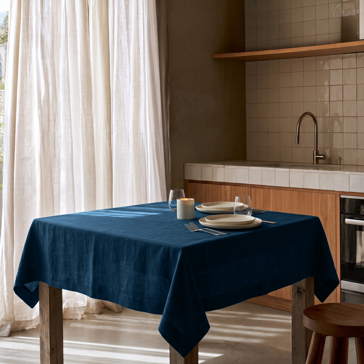 Peacock Blue Square Linen Tablecloth in a Contemporary Kitchen with Warm Wood Cabinetry and White Tiled Backsplash