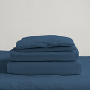 Peacock Blue Washed Linen Deep Pocket Fitted Sheet Set