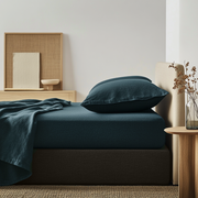 Peacock Blue Washed Linen Deep Pocket Fitted Sheet Set