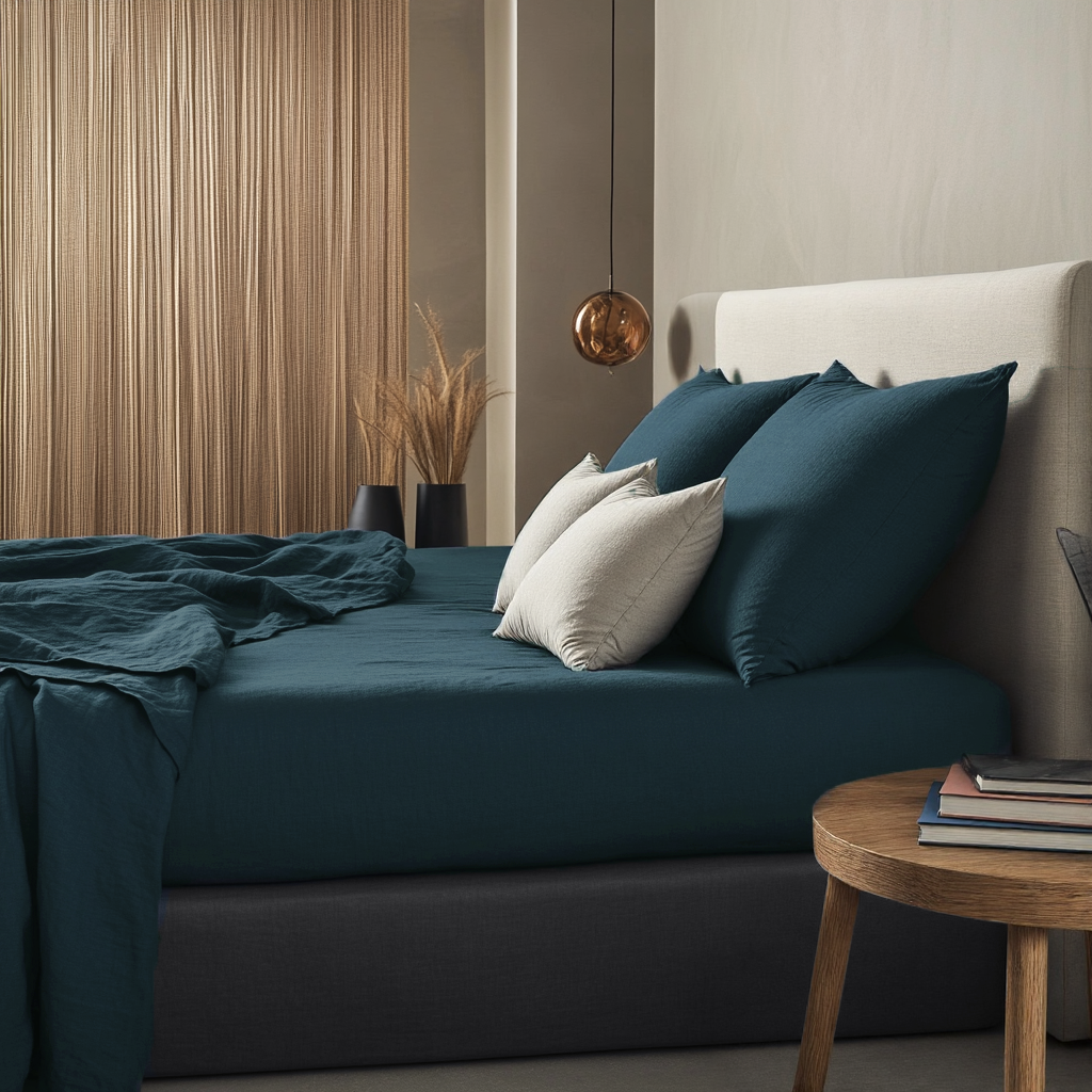 Peacock Blue Washed Linen Deep Pocket Fitted Sheet Set