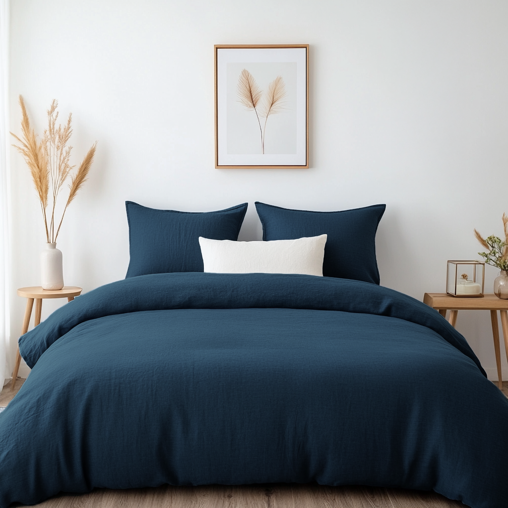 Peacock Dark Blue Queen Linen Duvet Cover Set 