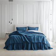 Peacock Blue Linen Bed Skirt with Gathered Ruffles