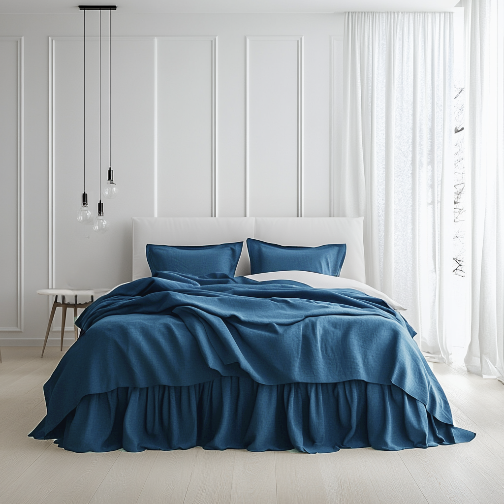 Peacock Blue Linen Bed Skirt with Gathered Ruffles