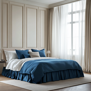 Peacock Blue Linen Bed Skirt with Gathered Ruffles