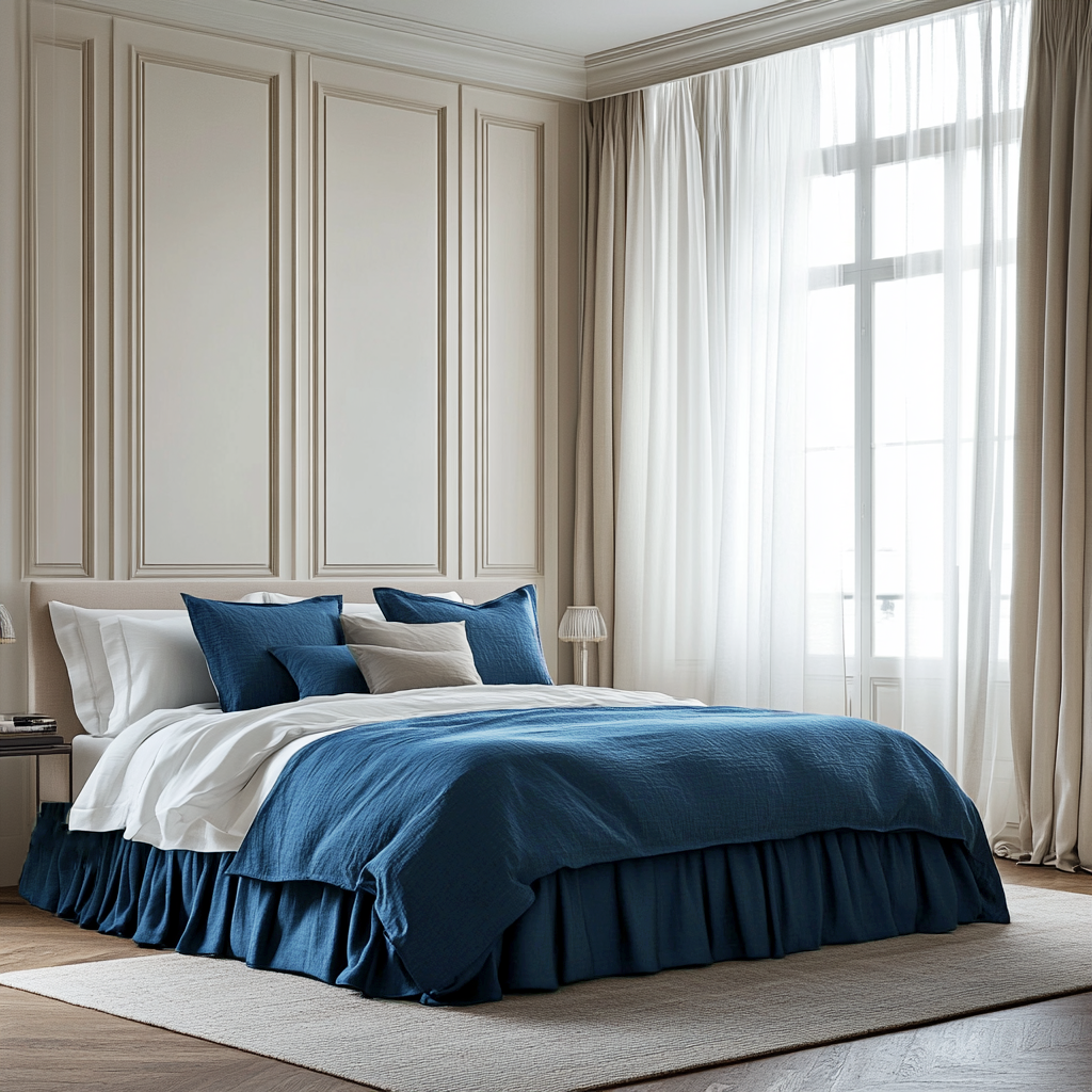 Peacock Blue Linen Bed Skirt with Gathered Ruffles