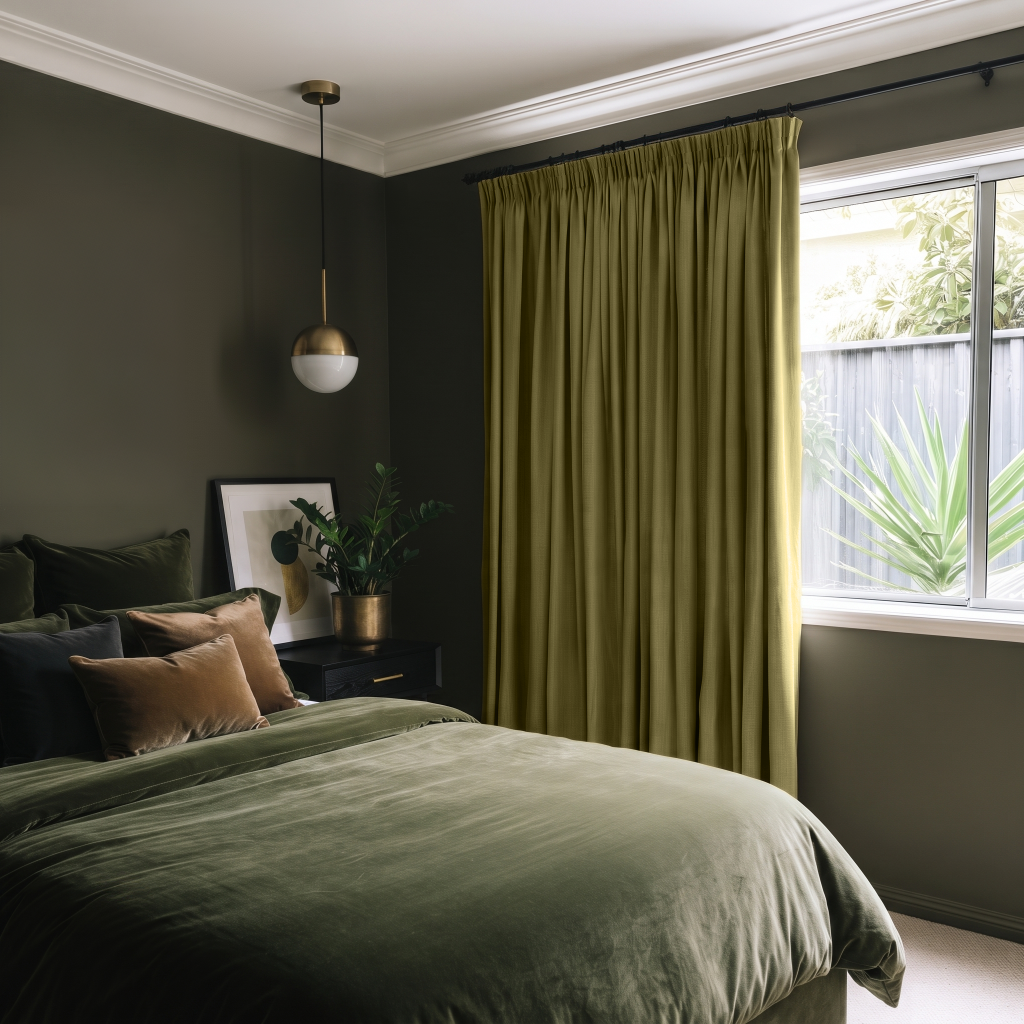 Moss Green Velvet Pencil Pleat Curtains in a Moody Bedroom with Olive Walls and Olive Bedding