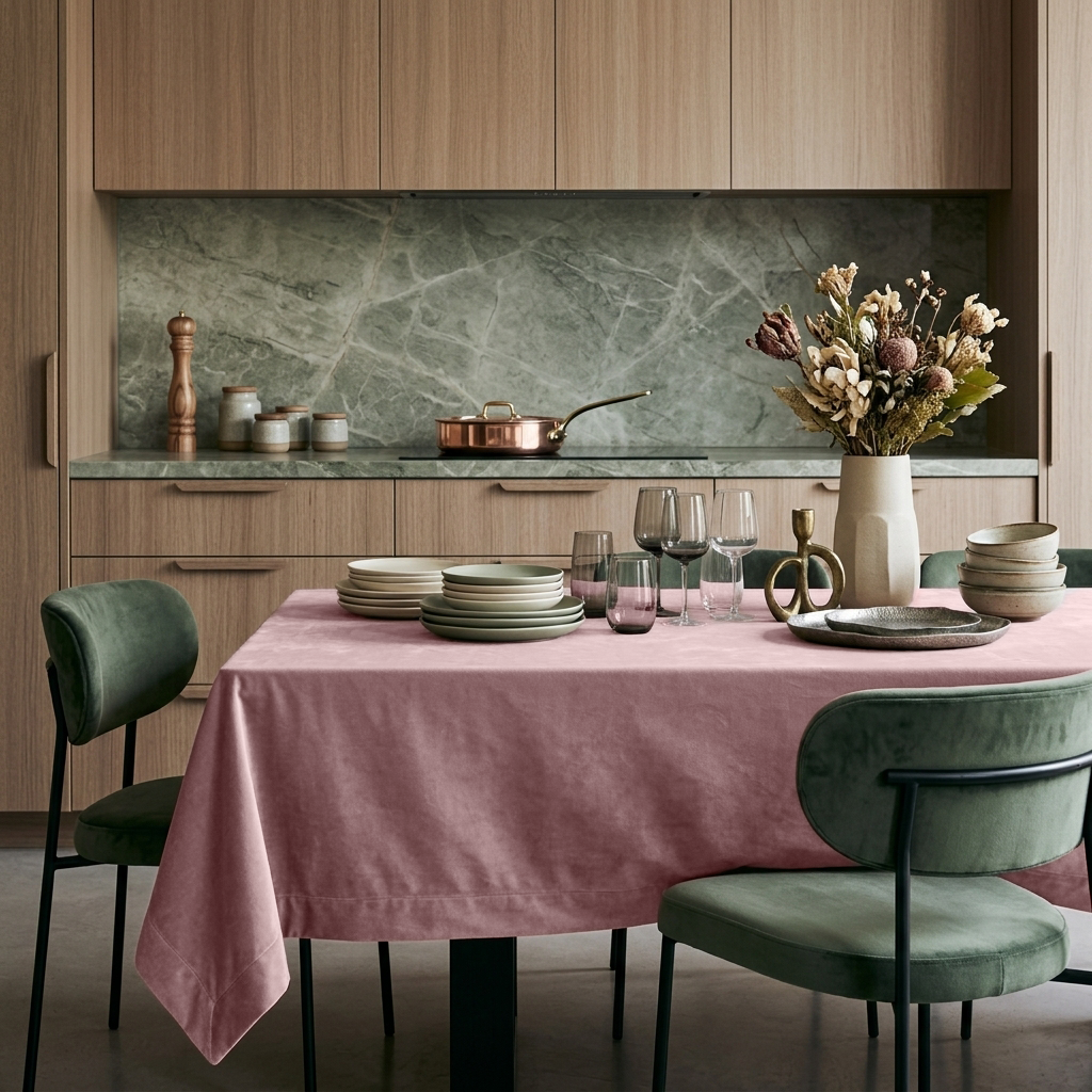 Pink Rectangular Velvet Tablecloth in a Contemporary Kitchen with Walnut Cabinetry and Sage Green Velvet Chairs