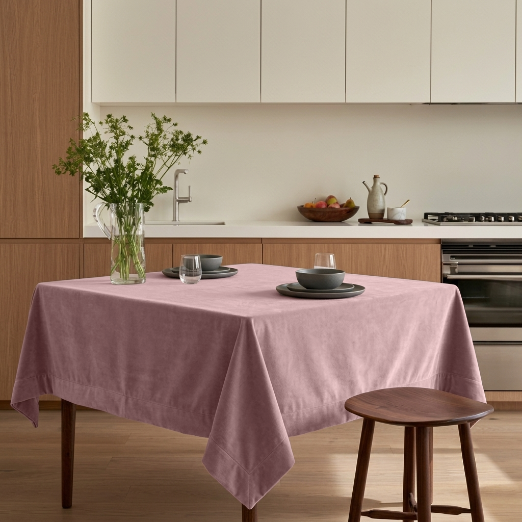 Pink Square Velvet Tablecloth in a Modern Kitchen with Wood Cabinetry