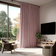Pink Velvet Back Tab Blackout Curtains for Sliding Doors in a Living Room with Off-White Walls
@Heading: Back Tabs