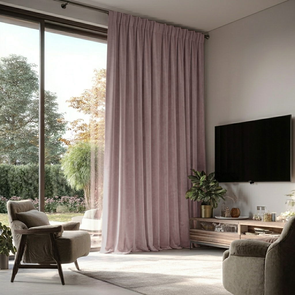 Pink Velvet Back Tab Blackout Curtains for Sliding Doors in a Living Room with Off-White Walls
@Heading: Back Tabs
