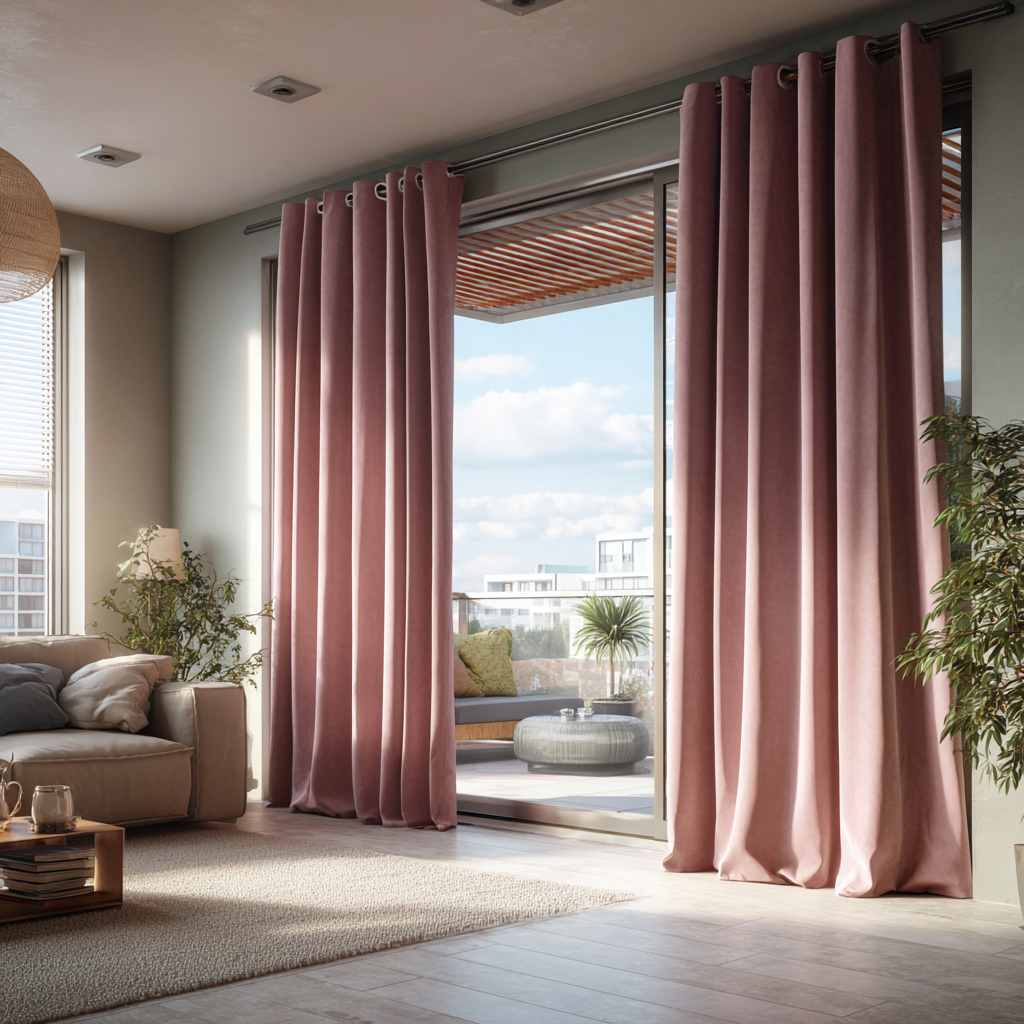 Pink Velvet Grommet Blackout Curtains for Sliding Doors in a Living Room with White Walls
@Heading: Grommets