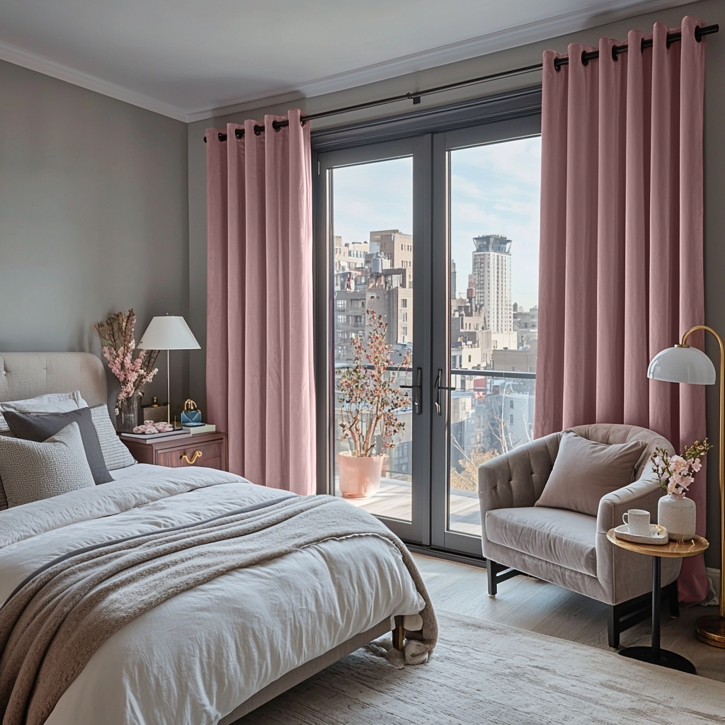 Pink Velvet Grommet Blackout Curtains in a Bedroom with Grey Walls