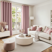 Pink Velvet Grommet Blackout Curtains in a Living Room with Off-White Walls