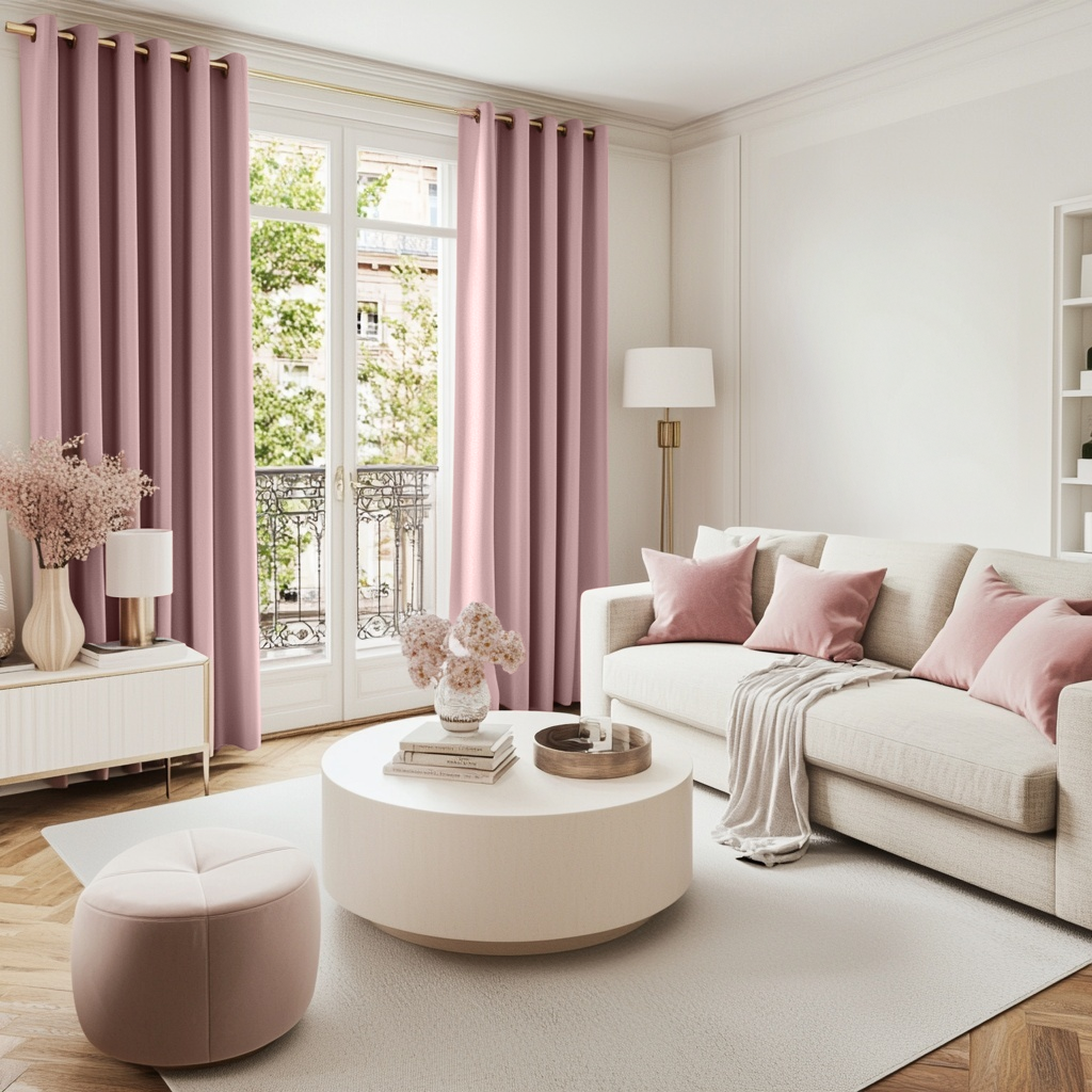 Pink Velvet Grommet Blackout Curtains in a Living Room with Off-White Walls