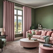 Pink Velvet Grommet Blackout Curtains in a Living Room with Olive Green Walls