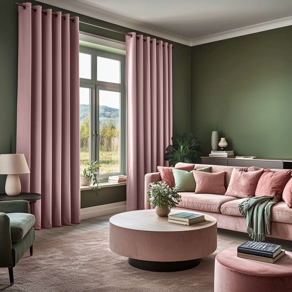 Pink Velvet Grommet Blackout Curtains in a Living Room with Olive Green Walls