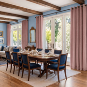Pink Velvet Curtains in a Dining Room with Light Blue Walls and a Large Brown Table, Soft Blue Chairs