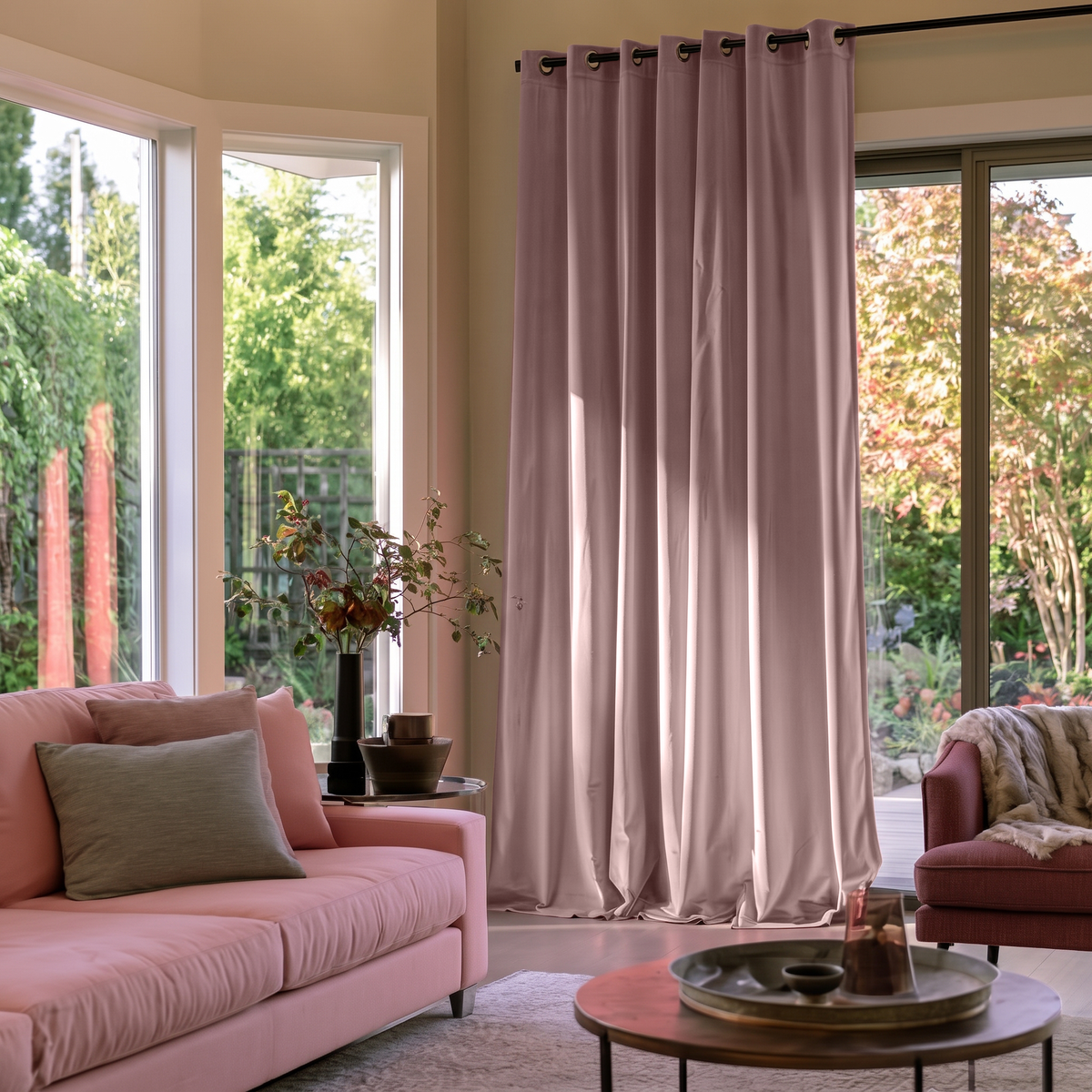 Pink Velvet Grommet Extra Long Curtains in a Bright Living Room with Pink Sofa, Green Garden Views, and a Round Wooden Coffee Table