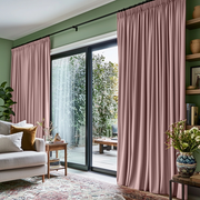 Pink Velvet Pencil Pleat Blackout Curtains for Sliding Doors in a Living Room with Sage Green Walls
@Heading: Pencil Pleat
