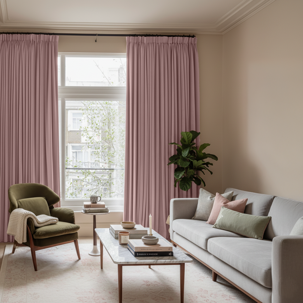 Pink Velvet Pencil Pleat Blackout Curtains in a Living Room with Beige Walls