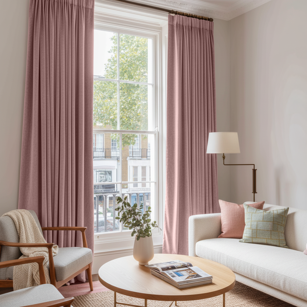 Pink Velvet Pencil Pleat Blackout Curtains in a Living Room with White Walls