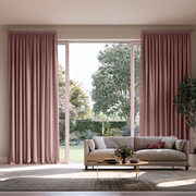 Pink Velvet Pencil Pleat Extra Long Curtains in a Contemporary Living Room with Large Windows and Beige Sofa