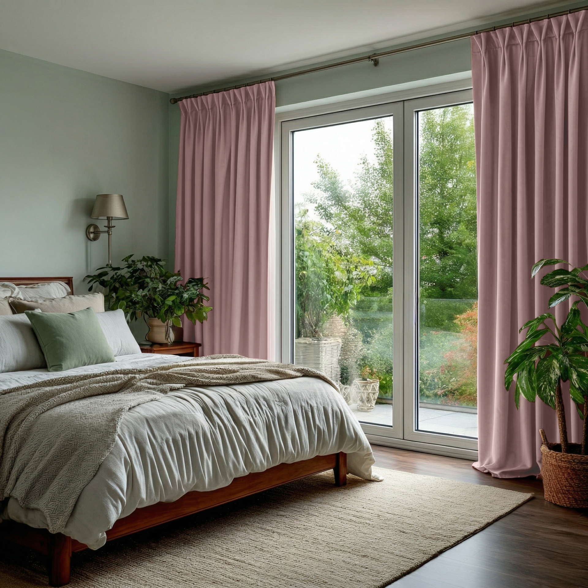 Pink Velvet Pinch Pleat Blackout Curtains for Sliding Doors in a Bedroom with Green Walls
@Heading: Pinch Pleat