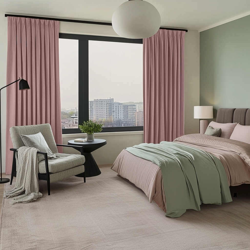 Pink Velvet Pinch Pleat Blackout Curtains in a Bedroom with Sage Green Walls