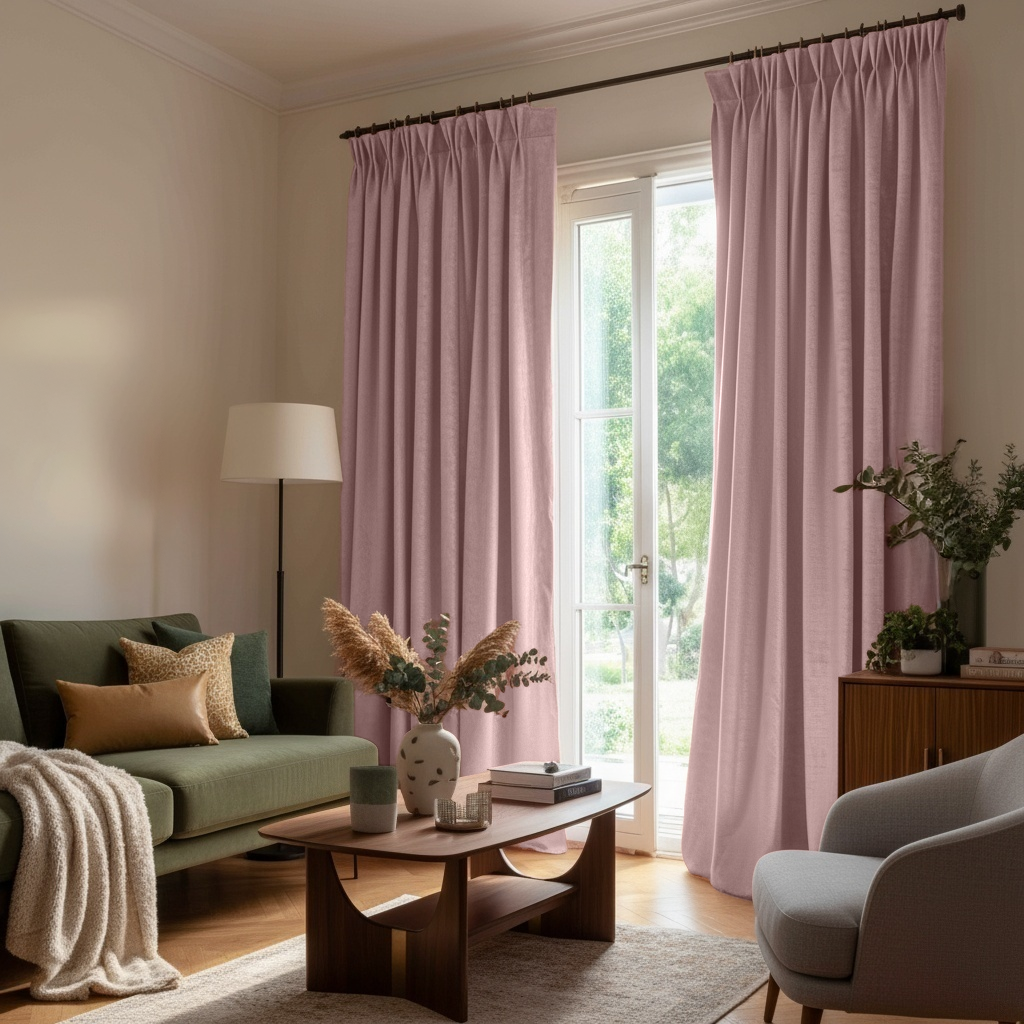 Pink Velvet Pinch Pleat Blackout Curtains in a Living Room with Cream Walls