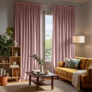 Pink Velvet Pinch Pleat Blackout Curtains in a Living Room with Light Grey Walls