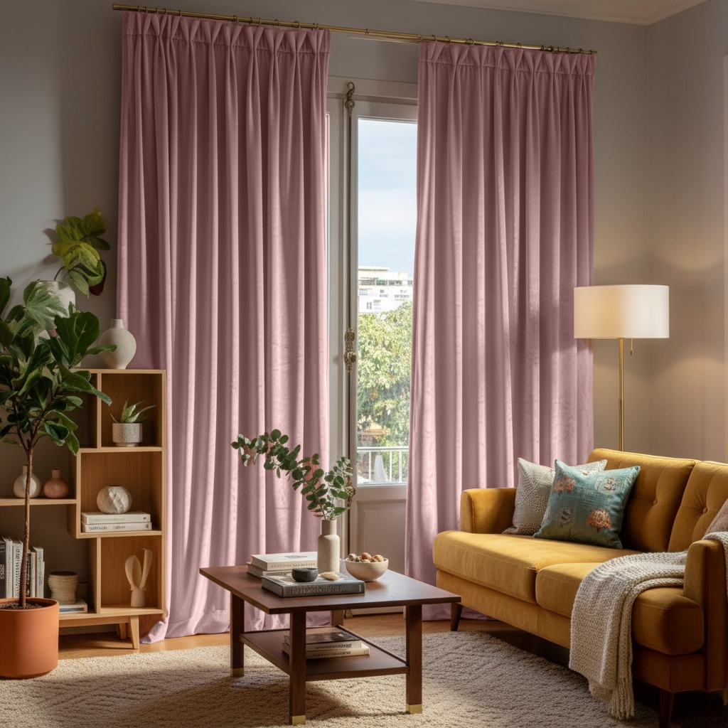 Pink Velvet Pinch Pleat Blackout Curtains in a Living Room with Light Grey Walls