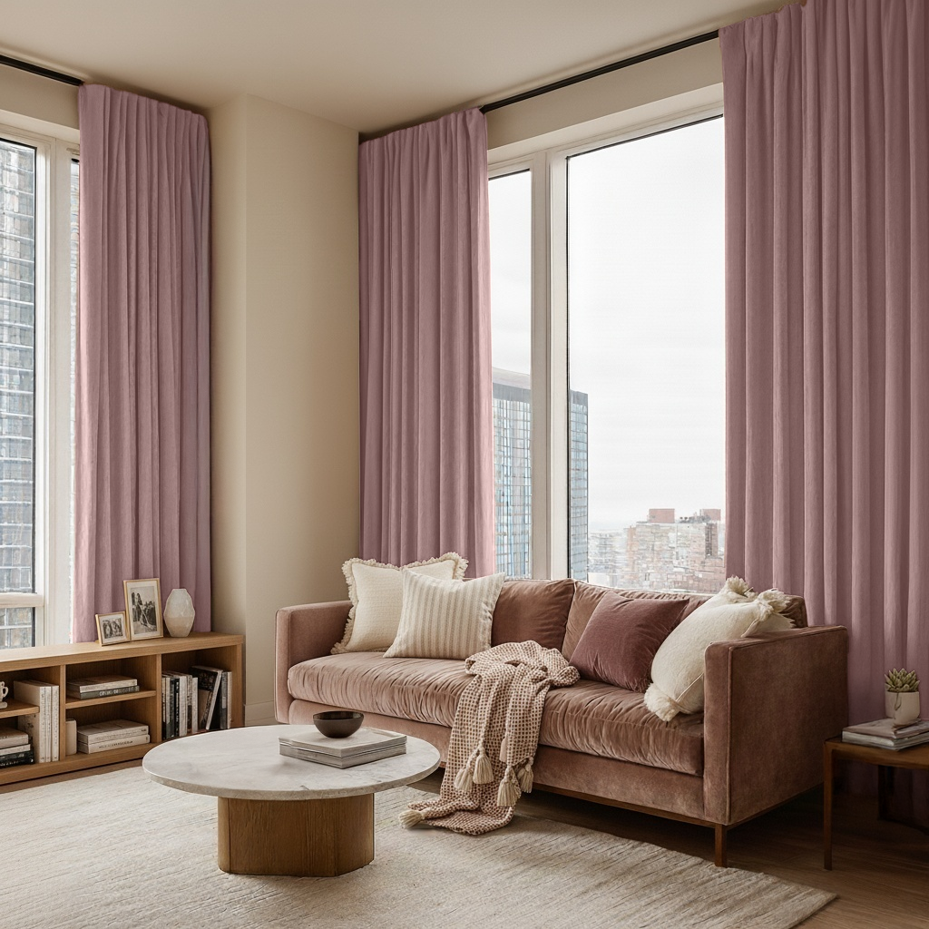 Pink Velvet Rod Pocket Blackout Curtains in a Living Room with Warm Cream Walls