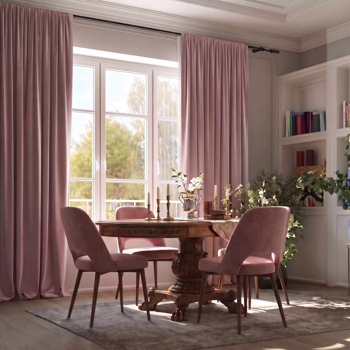 Pink Velvet Curtains in a Dressing Room with White Walls and a Brown Table, Soft Pink Chairs
