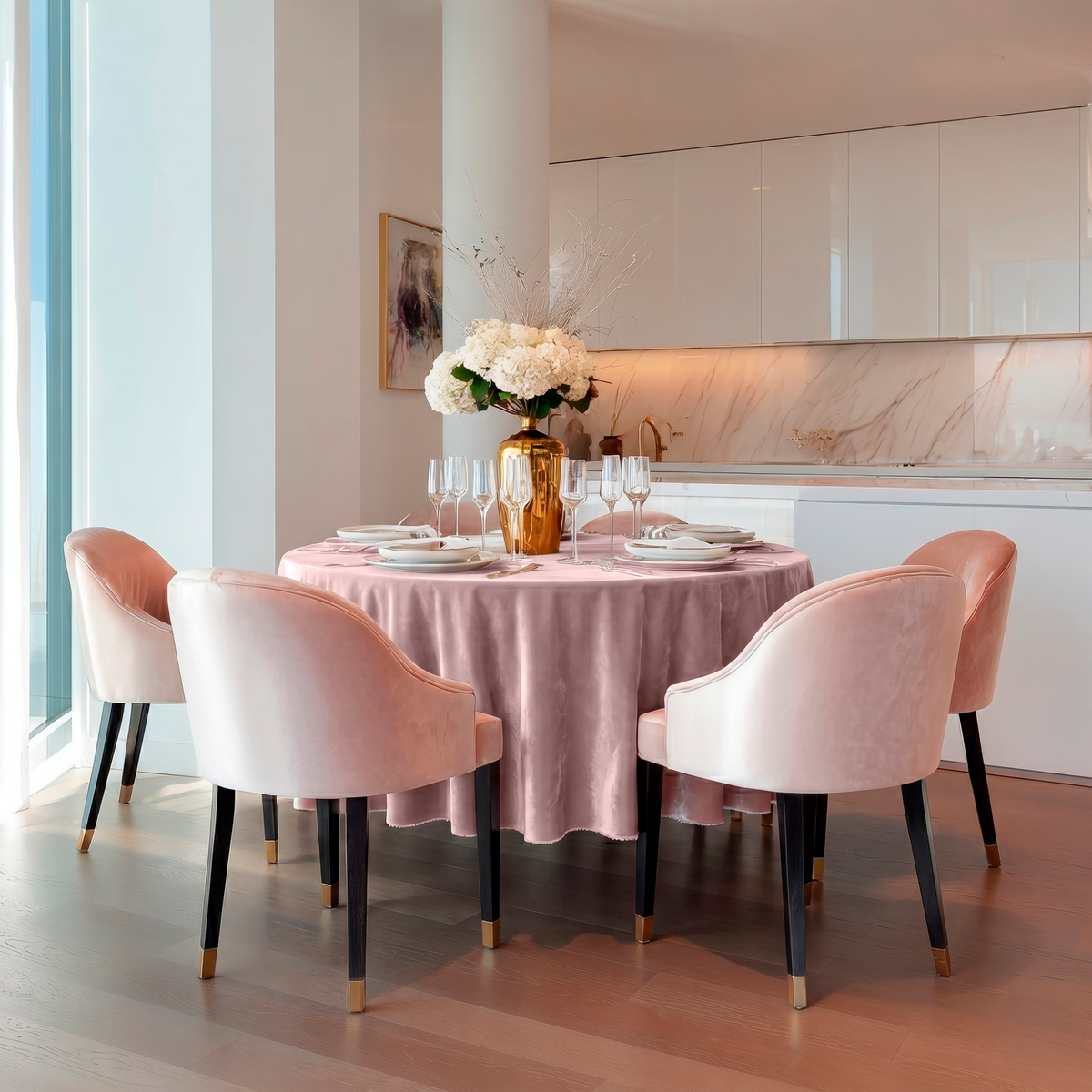 Pink Velvet Round Tablecloth in a Glamorous Dining Room with White Gloss Cabinetry and Blush Velvet Chairs