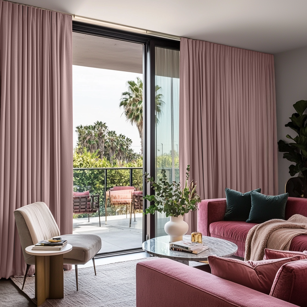 Pink Velvet S-Fold Blackout Curtains for Sliding Doors in a Living Room with Light Grey Walls
@Heading: S-Fold