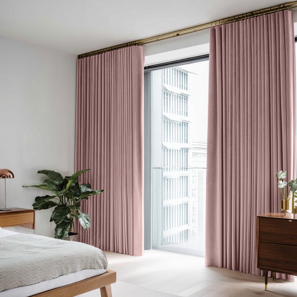 Pink Velvet S-Fold Blackout Curtains in a Bedroom with White Walls