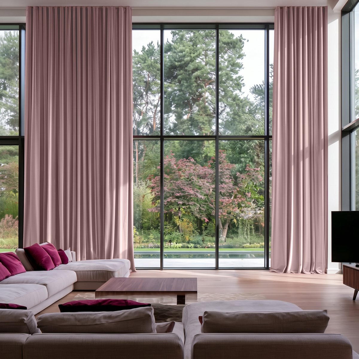 Pink Velvet S-Fold Extra Long Curtains in a Modern Living Room with Beige Sectional Sofa and Floor-to-Ceiling Black-Framed Windows 