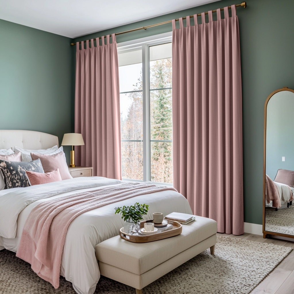 Pink Velvet Tab Top Blackout Curtains in a Bedroom with Sage Green Walls