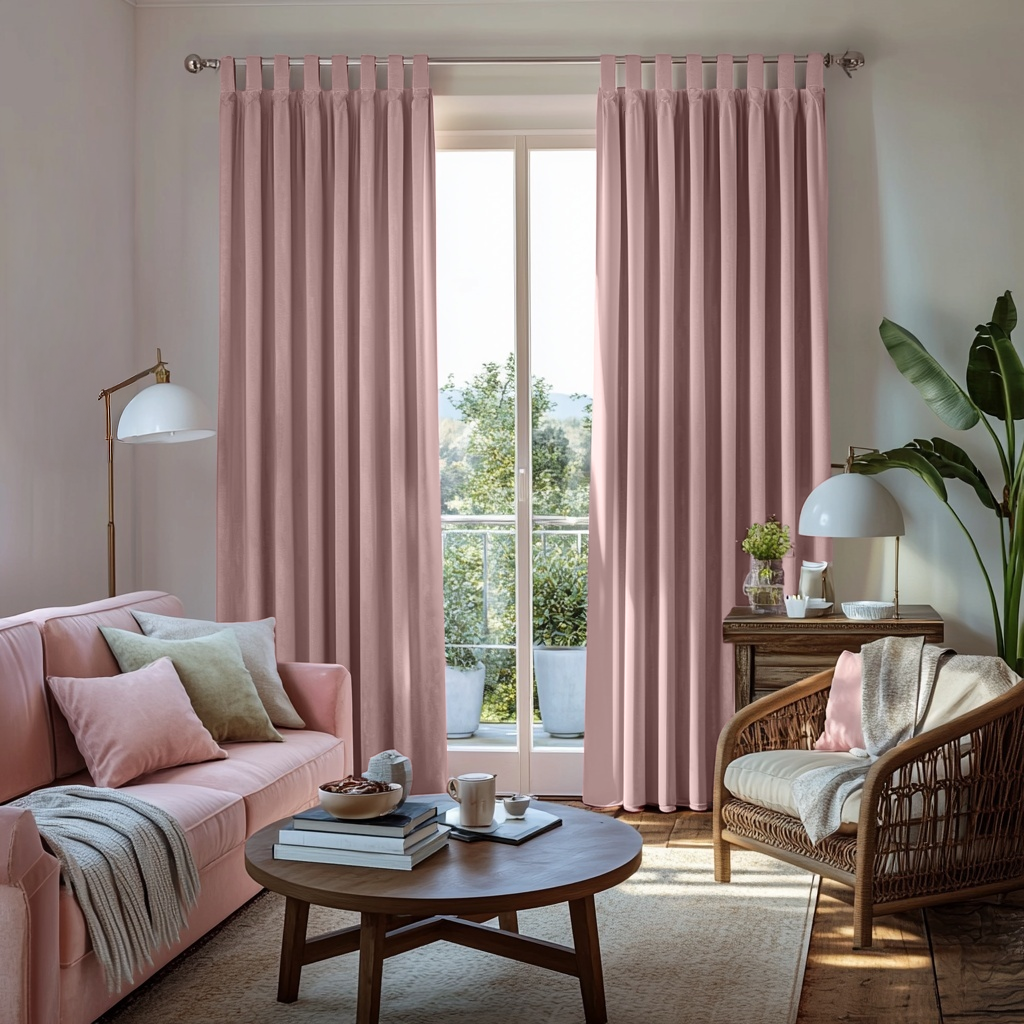 Pink Velvet Tab Top Blackout Curtains in a Living Room with White Walls