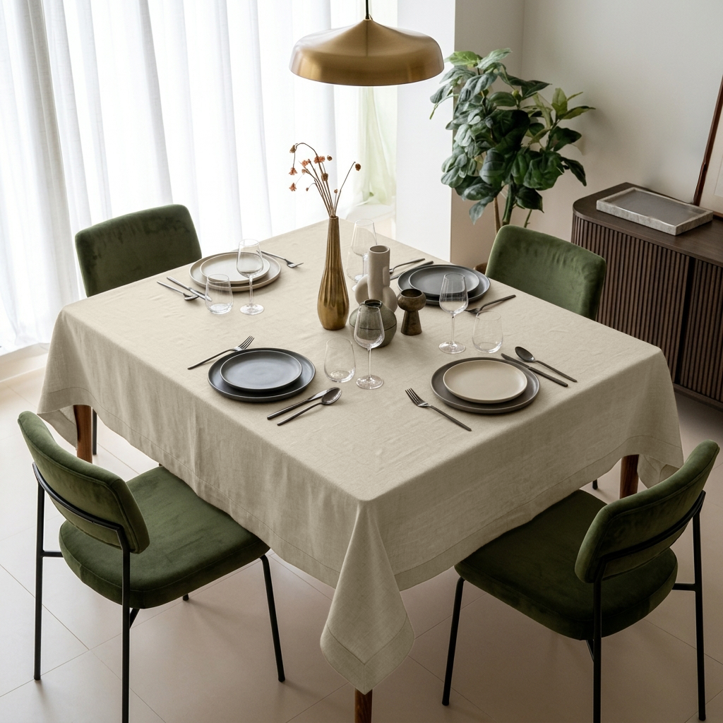 Ecru Rectangular Heavy Weight Linen Tablecloth in a Contemporary Dining Room with Olive Green Velvet Chairs
