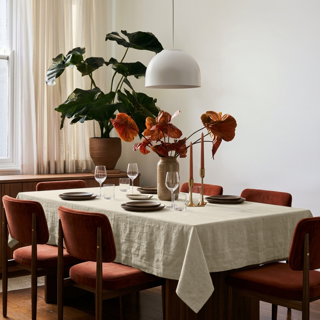 Ecru Rectangular Heavy Weight Linen Tablecloth in a Mid-Century Modern Dining Room with Rust Velvet Chairs