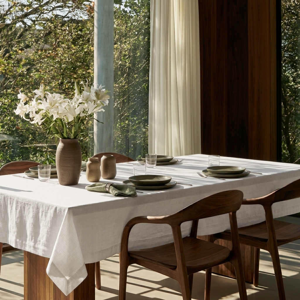 Off-White Rectangular Heavy Weight Linen Tablecloth in a Modern Organic Dining Room with Walnut Chairs