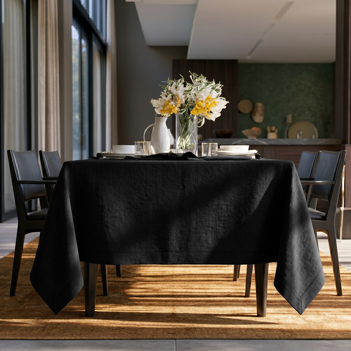Black Rectangular Linen Tablecloth in a Modern Dining Room with Green Accent Wall