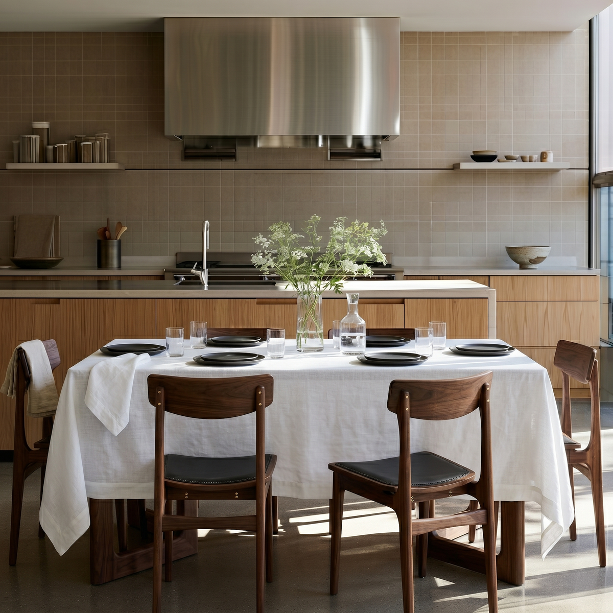 Off-White Rectangular Linen Tablecloth in a Modern Kitchen Dining Area with Walnut Cabinetry