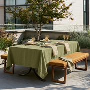 Olive Green Rectangular Linen Tablecloth on a Contemporary Outdoor Terrace