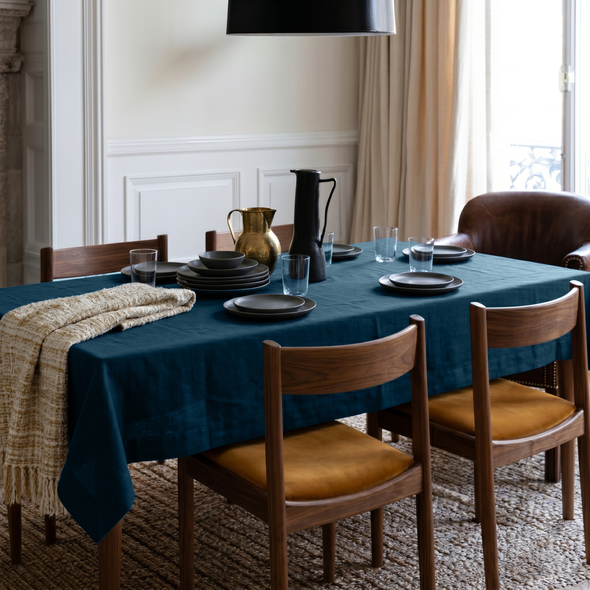 Peacock Blue Rectangular Linen Tablecloth in a Transitional Dining Room with Walnut Chairs