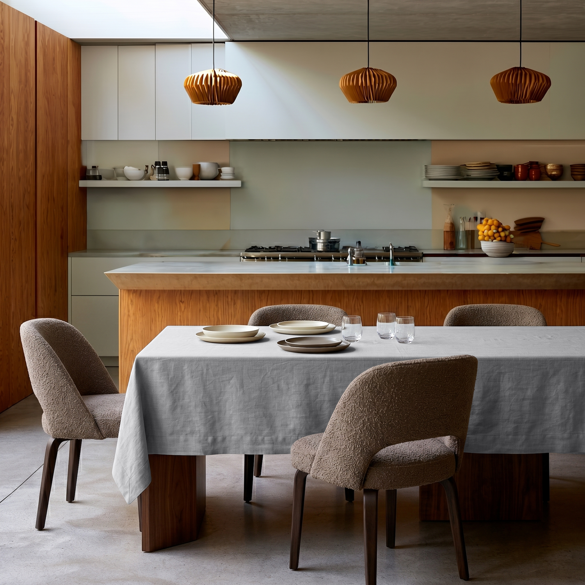 Stone Grey Rectangular Linen Tablecloth in a Modern Kitchen with Wood Cabinetry