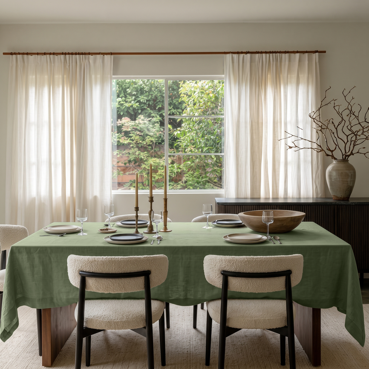 Asparagus Green Rectangular Linen Tablecloth in a Scandinavian Contemporary Dining Room with Sheer Curtains and Dark Wood Sideboard